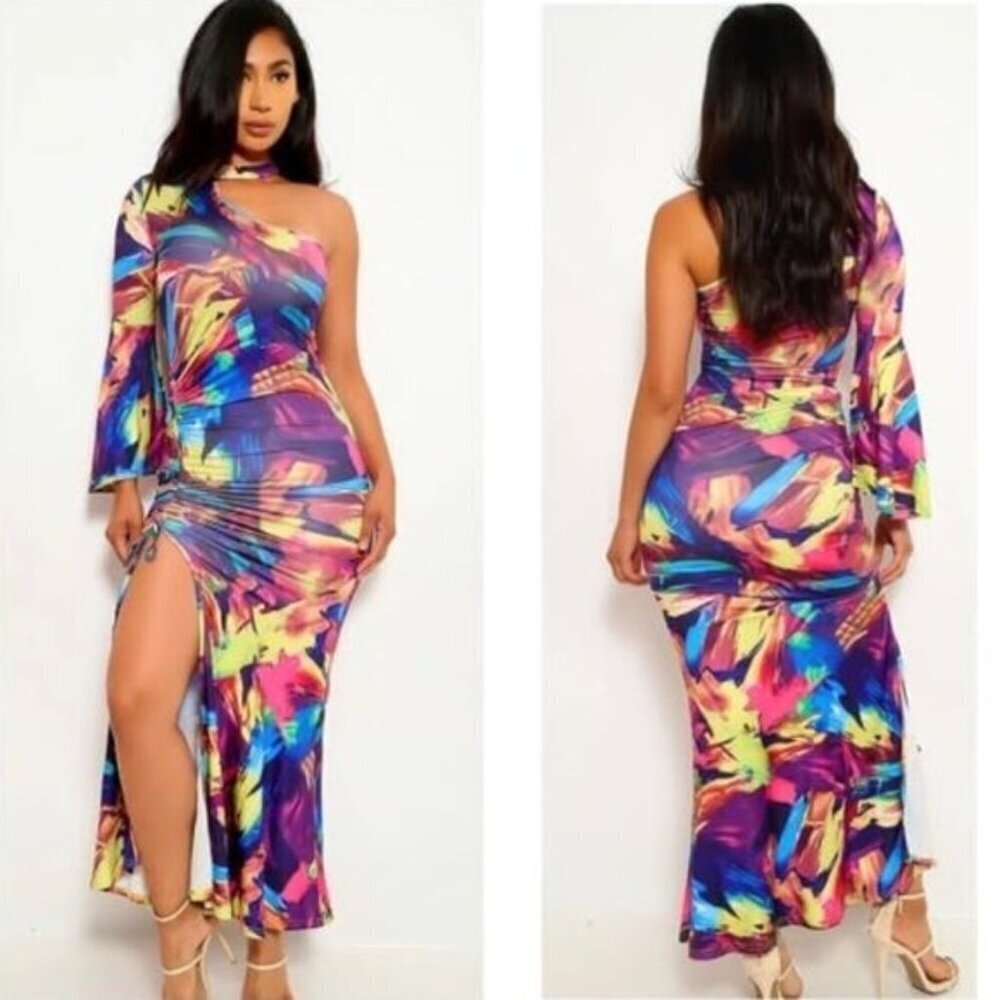 Stretch Colorful Tie Dye One Shoulder Maxi Dress Chocker Neck New S Mโ L